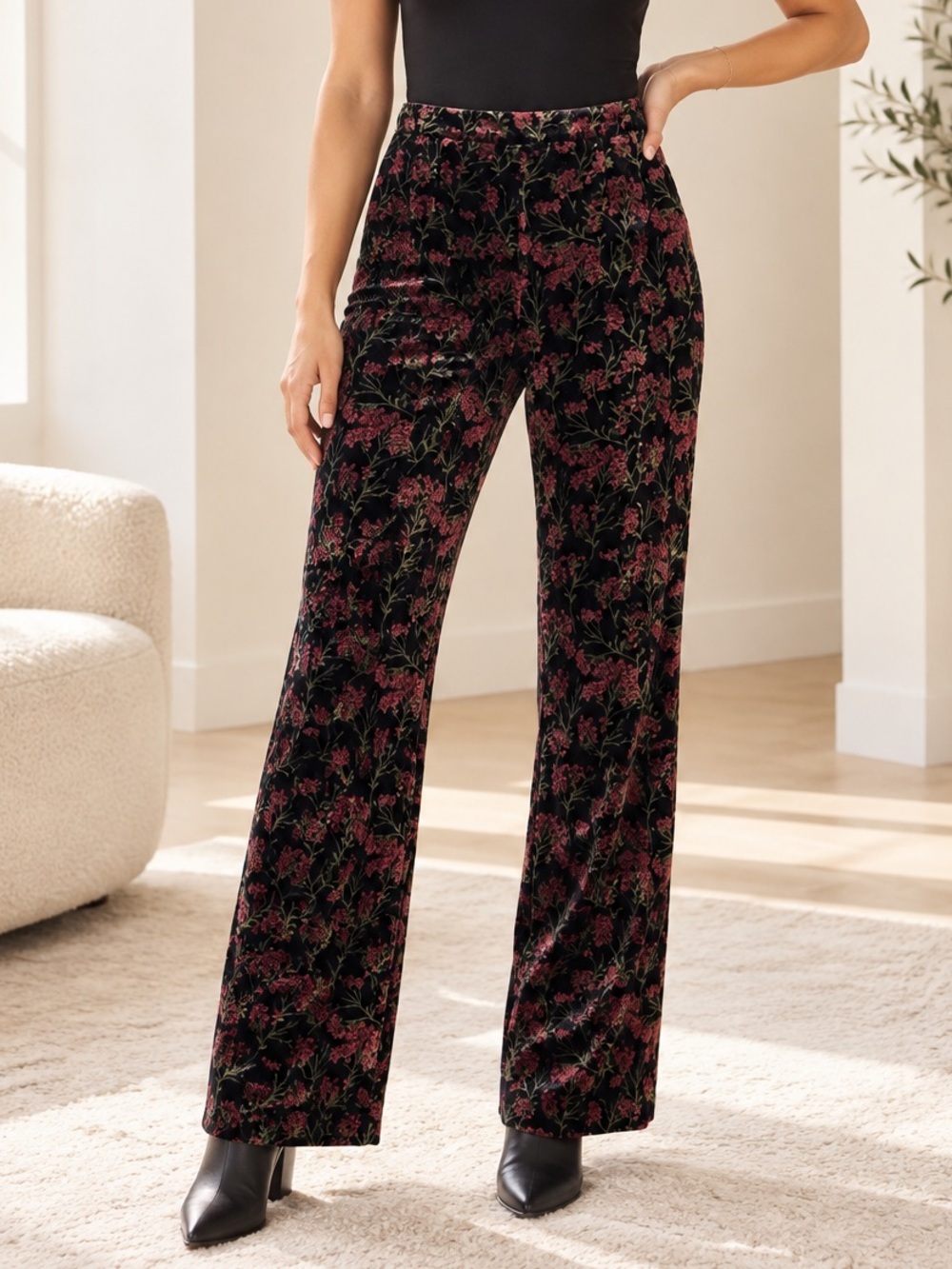 NWT Zara The Charlotte Floral Velvet Wide Leg Pants Black Pink Size L Whimsigoth